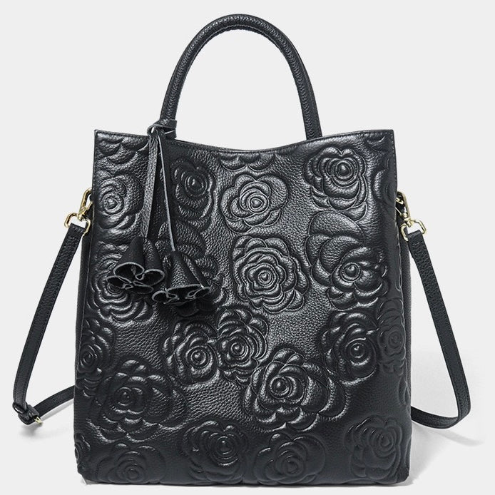 Genuine Leather Tote Bag | Rose Embossed With Detachable Strap Elegance