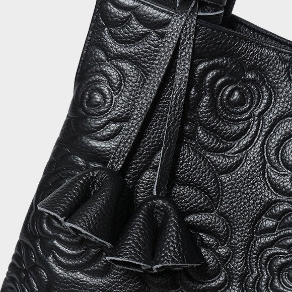 Genuine Leather Tote Bag | Rose Embossed With Detachable Strap Elegance