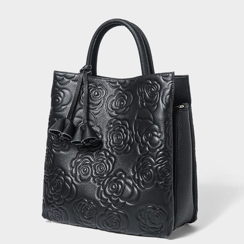 Genuine Leather Tote Bag | Rose Embossed With Detachable Strap Elegance