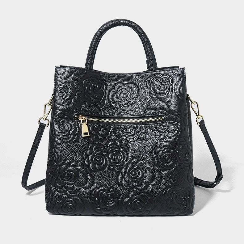 Genuine Leather Tote Bag | Rose Embossed With Detachable Strap Elegance