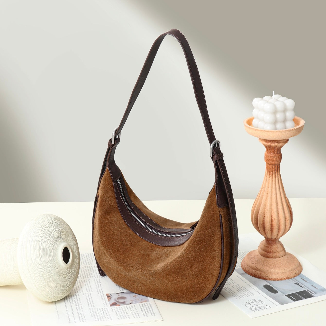 Brown Suede Leather Dumpling Hobo Shoulder Bag | Timeless Understated Elegance