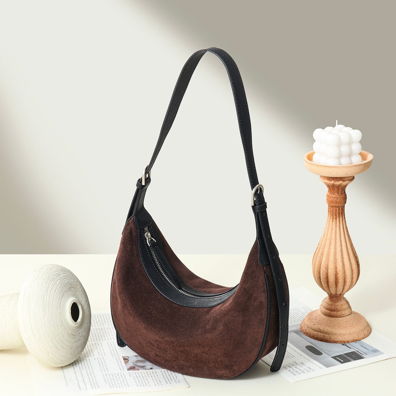 Brown Suede Leather Dumpling Hobo Shoulder Bag | Timeless Understated Elegance