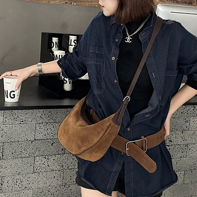 Brown Suede Leather Hobo Shoulder Dumpling Bag | Effortless Elegance