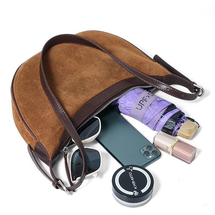 Brown Suede Leather Dumpling Hobo Shoulder Bag | Timeless Understated Elegance
