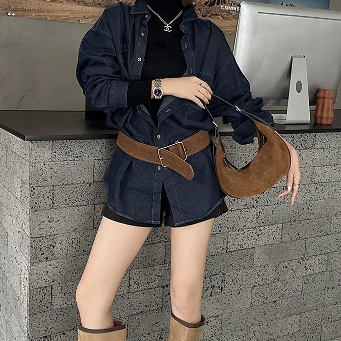 Brown Suede Leather Dumpling Hobo Shoulder Bag | Timeless Understated Elegance