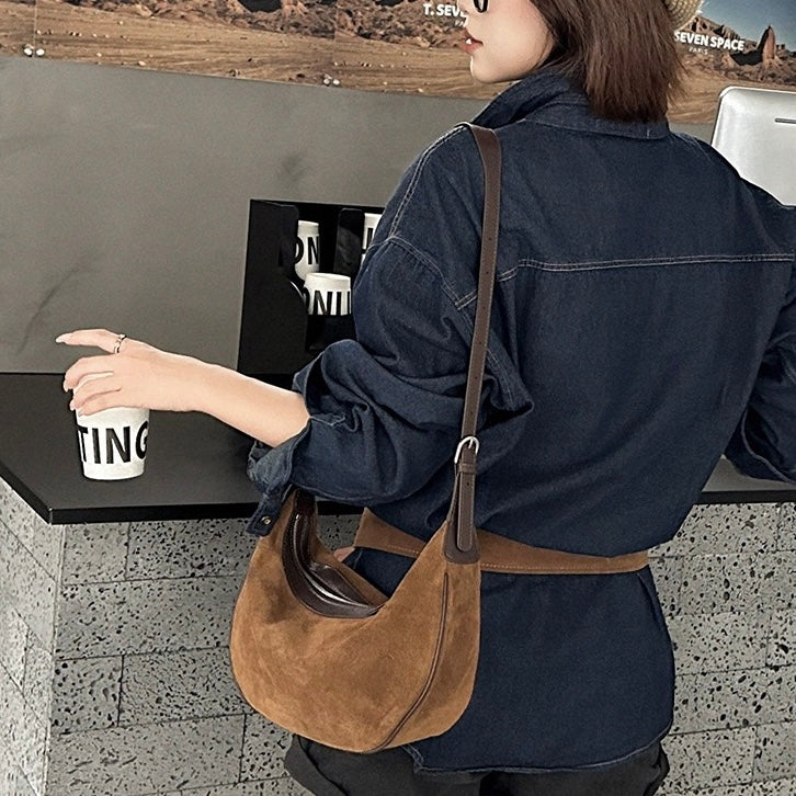 Brown Suede Leather Dumpling Hobo Shoulder Bag | Timeless Understated Elegance