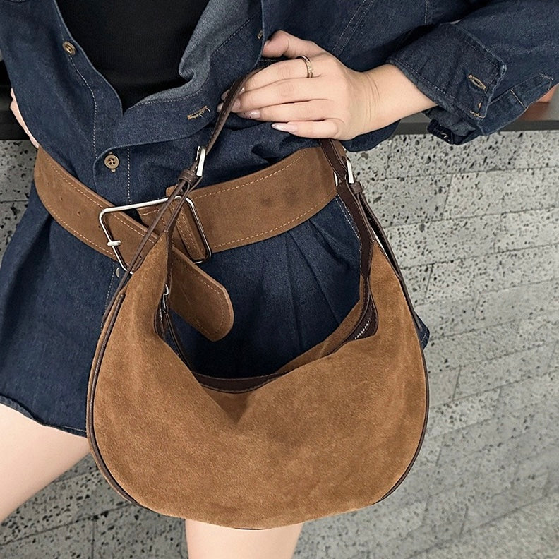 Brown Suede Leather Dumpling Hobo Shoulder Bag | Timeless Understated Elegance