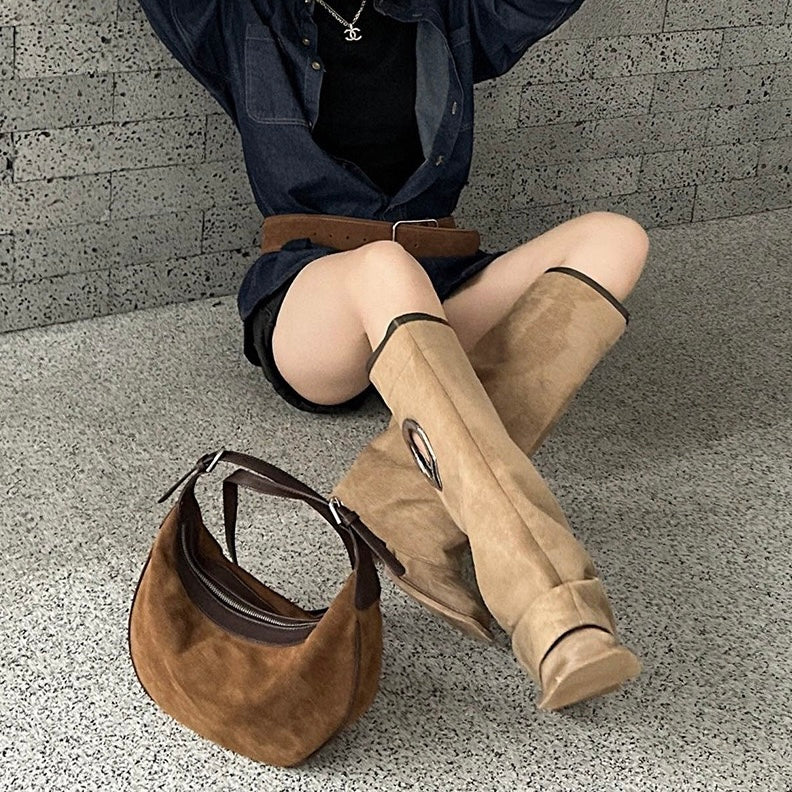 Brown Suede Leather Dumpling Hobo Shoulder Bag | Timeless Understated Elegance