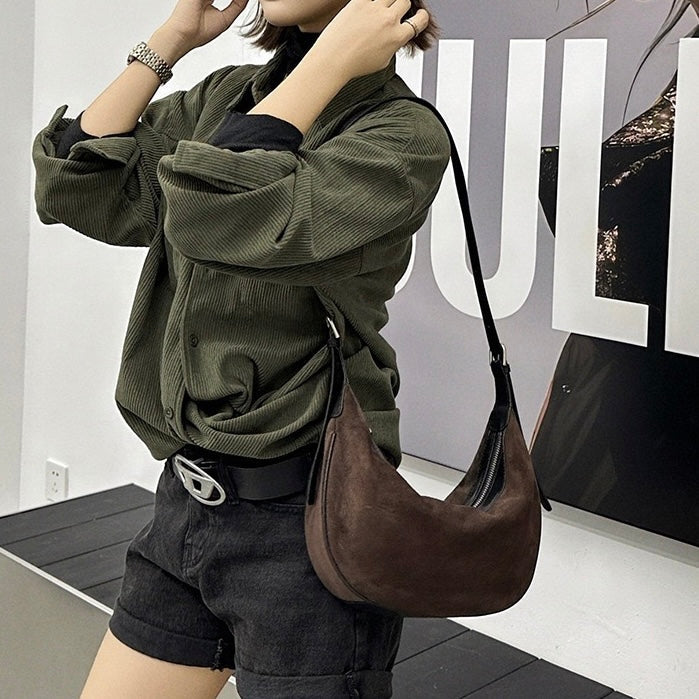 Brown Suede Leather Dumpling Hobo Shoulder Bag | Timeless Understated Elegance