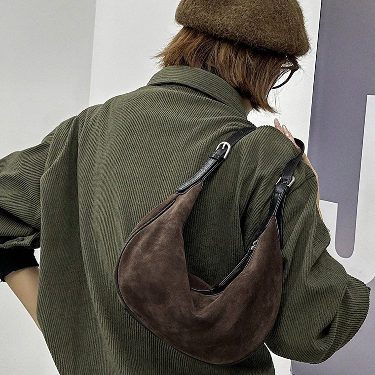 Brown Suede Leather Dumpling Hobo Shoulder Bag | Timeless Understated Elegance