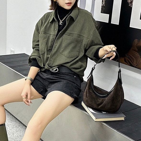 Brown Suede Leather Dumpling Hobo Shoulder Bag | Timeless Understated Elegance