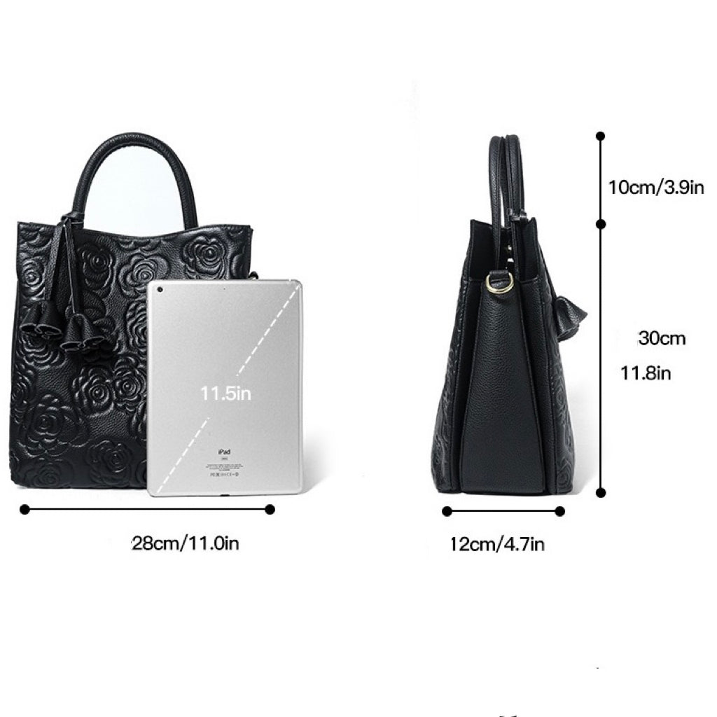 Genuine Leather Tote Bag | Rose Embossed With Detachable Strap Elegance