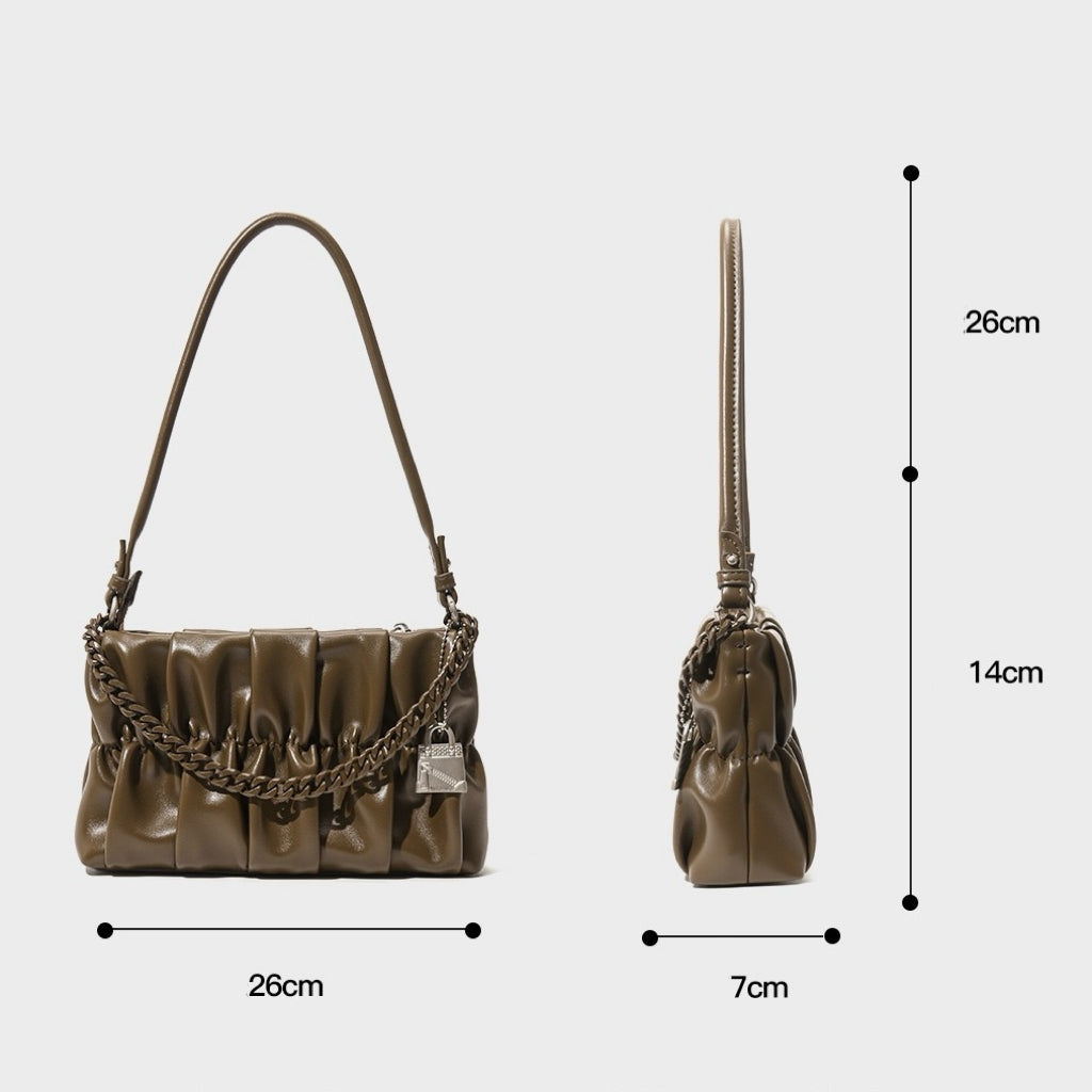 Textured Olive Genuine Leather Shoulder Bag | Timeless Chain Detail Elegance