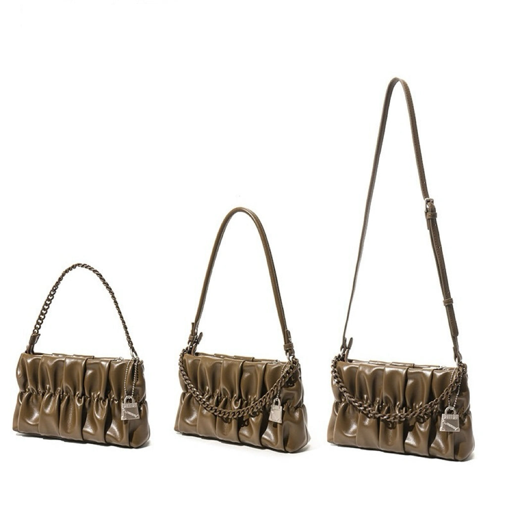 Textured Olive Genuine Leather Shoulder Bag | Timeless Chain Detail Elegance