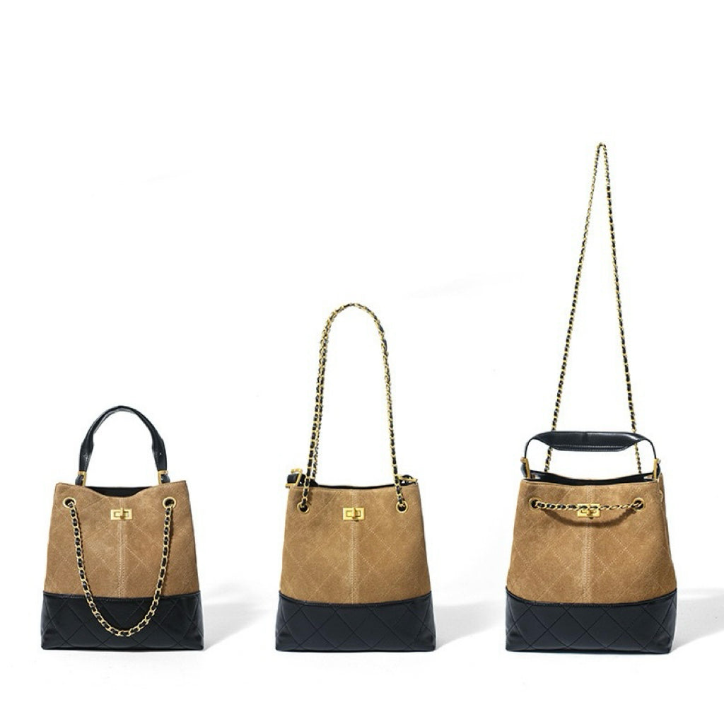 Genuine Suede Leather Chain Bucket Bag | Effortless Colorblock Elegance