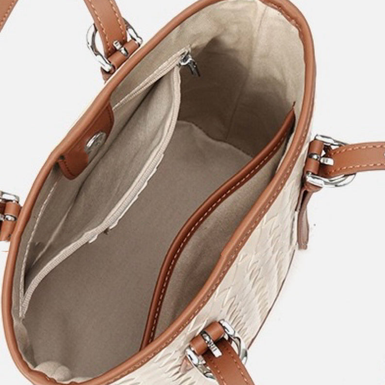 Woven Genuine Leather Color Block Bucket Tote Bag | Understated Luxury