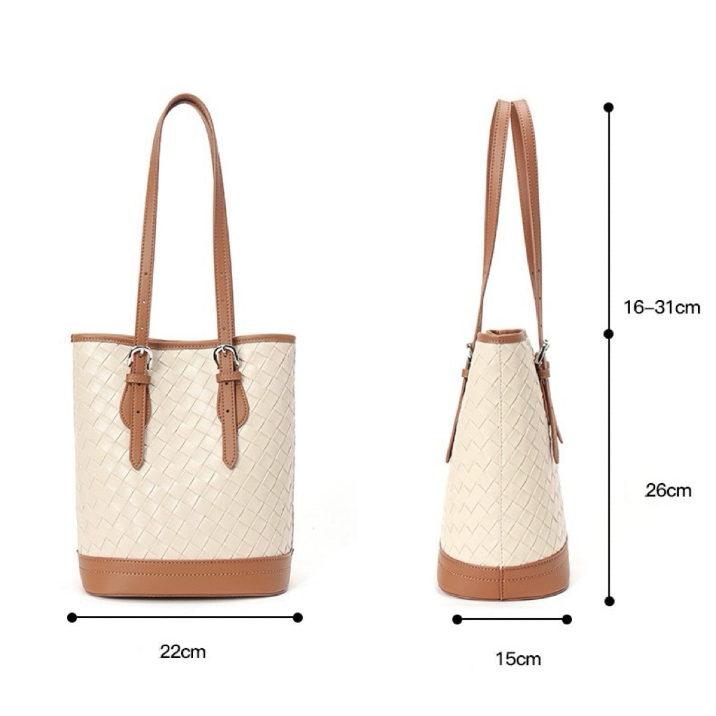 Woven Genuine Leather Color Block Bucket Tote Bag | Understated Luxury