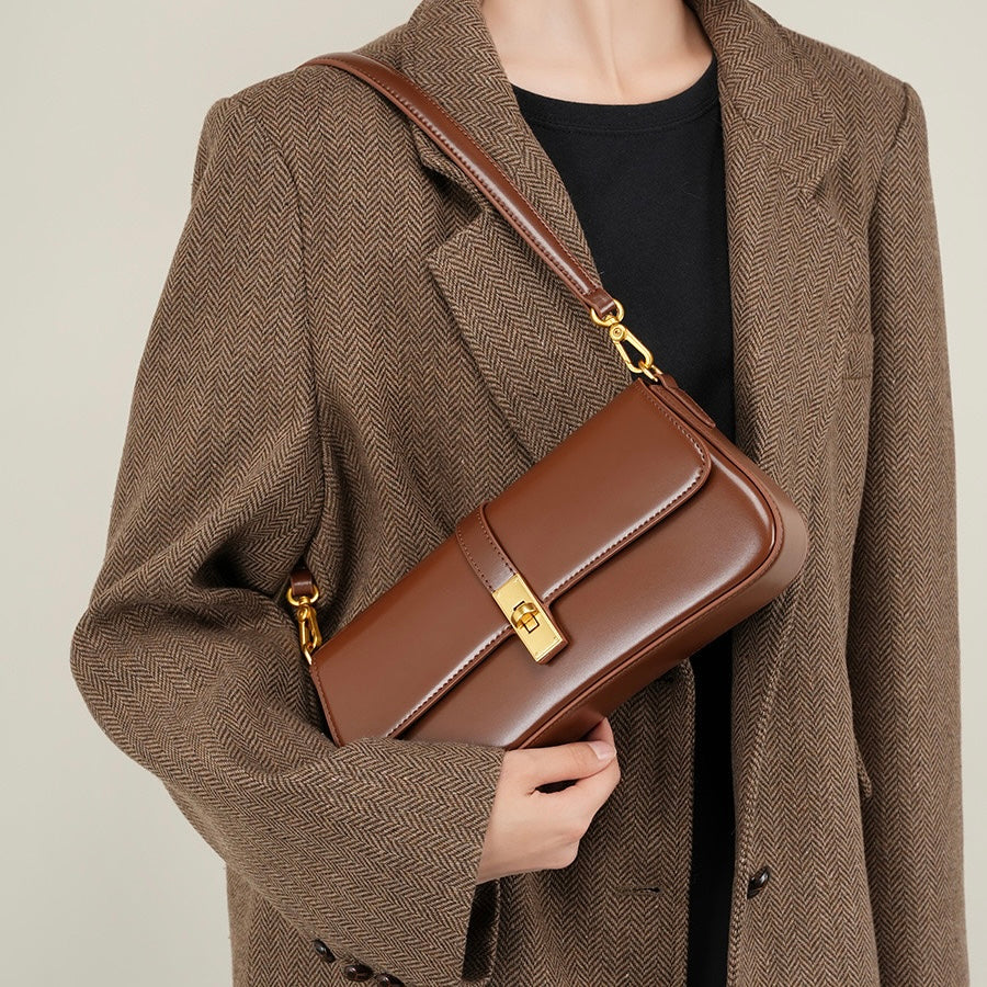 Women’s Genuine Leather Baguette Crossbody Shoulder Bag | Effortless Vintage Elegance