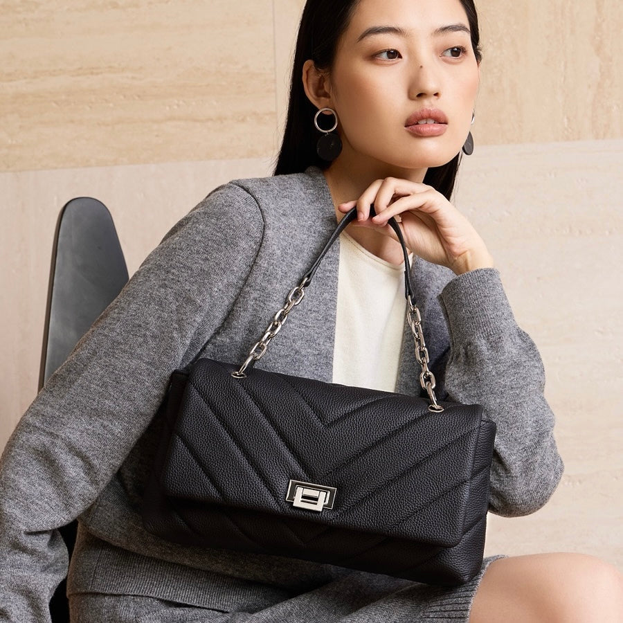 Chain-Embellished V-Quilted Genuine Leather Shoulder Bag | Effortless Understated Elegance
