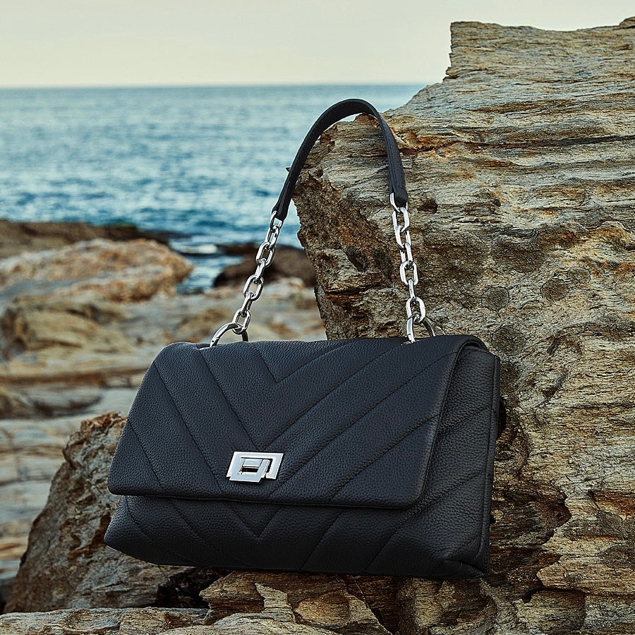 Chain-Embellished V-Quilted Genuine Leather Shoulder Bag | Effortless Understated Elegance