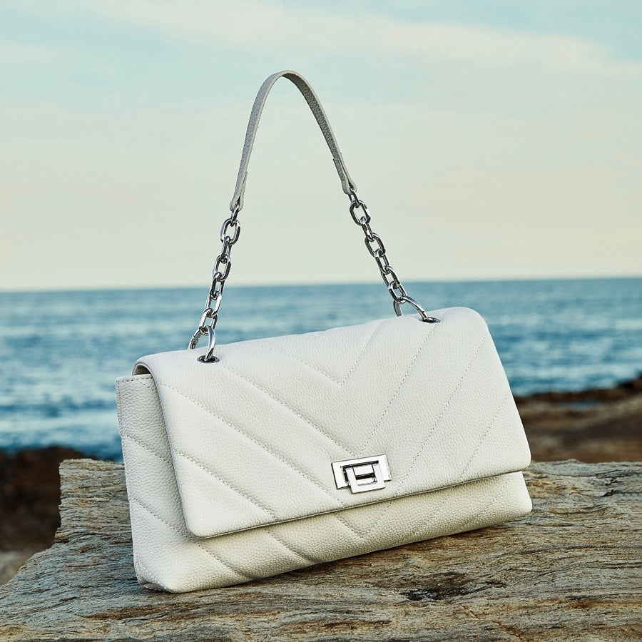 Chain-Embellished V-Quilted Genuine Leather Shoulder Bag | Effortless Understated Elegance