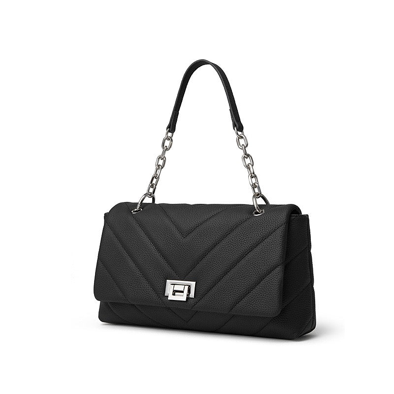 Chain-Embellished V-Quilted Genuine Leather Shoulder Bag | Effortless Understated Elegance