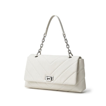Chain-Embellished V-Quilted Genuine Leather Shoulder Bag | Effortless Understated Elegance