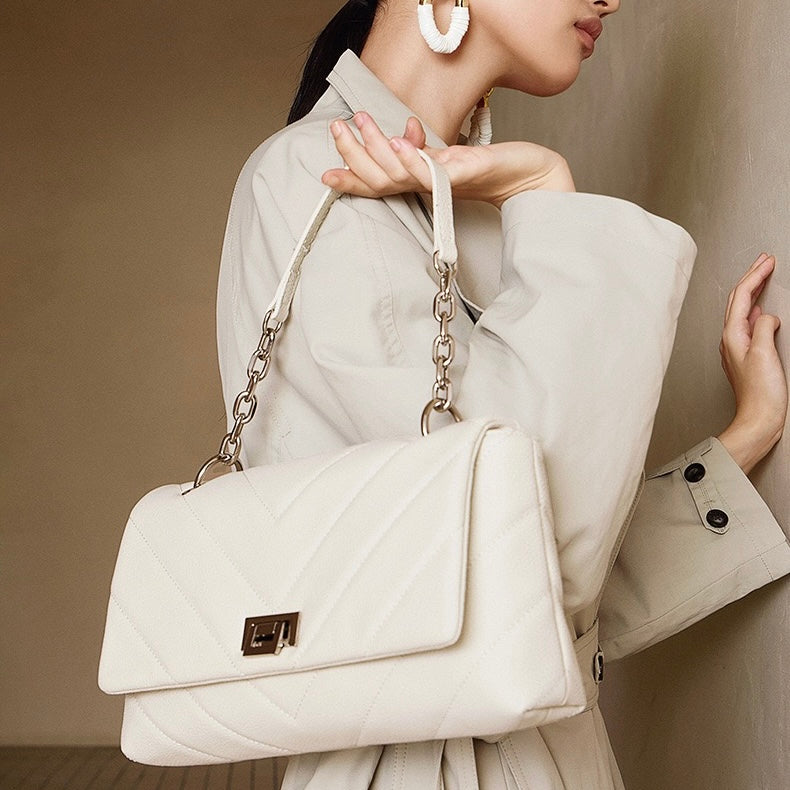Chain-Embellished V-Quilted Genuine Leather Shoulder Bag | Effortless Understated Elegance