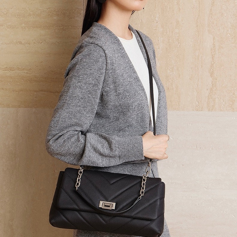 Chain-Embellished V-Quilted Genuine Leather Shoulder Bag | Effortless Understated Elegance