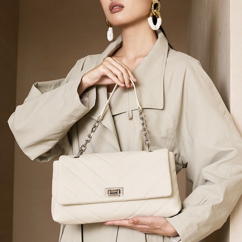Chain-Embellished V-Quilted Genuine Leather Shoulder Bag | Effortless Understated Elegance