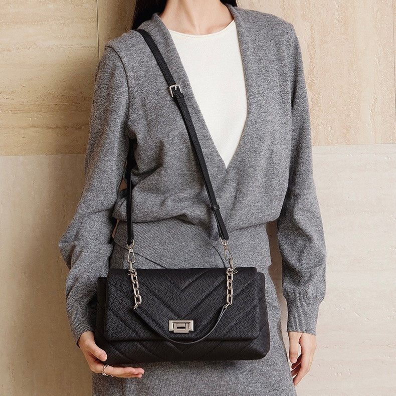 Chain-Embellished V-Quilted Genuine Leather Shoulder Bag | Effortless Understated Elegance