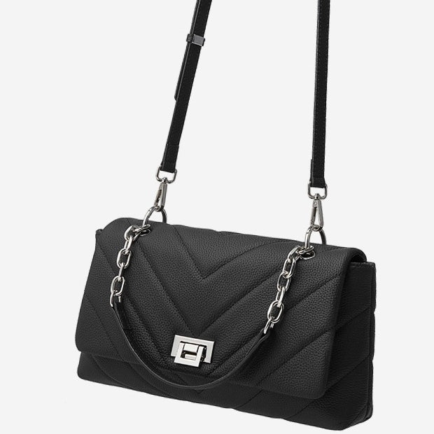 Chain-Embellished V-Quilted Genuine Leather Shoulder Bag | Effortless Understated Elegance