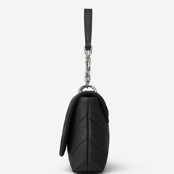 Chain-Embellished V-Quilted Genuine Leather Shoulder Bag | Effortless Understated Elegance