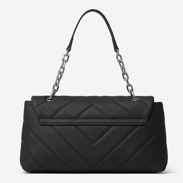 Chain-Embellished V-Quilted Genuine Leather Shoulder Bag | Effortless Understated Elegance