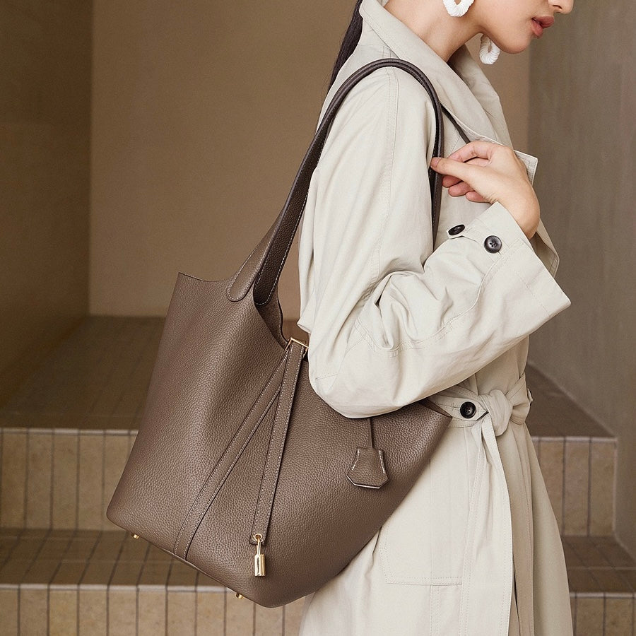 Textured Genuine Leather Tote Bag with Gold Buckle | Effortless Elegance