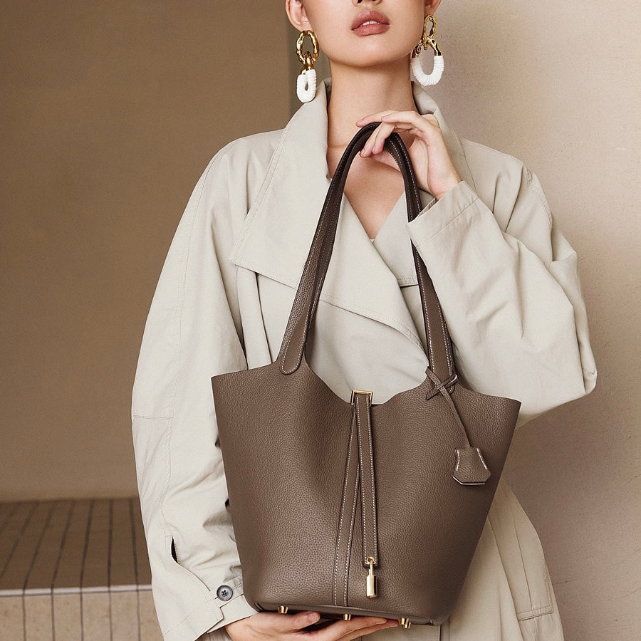 Textured Genuine Leather Tote Bag | Polished Gold Buckle Elegance