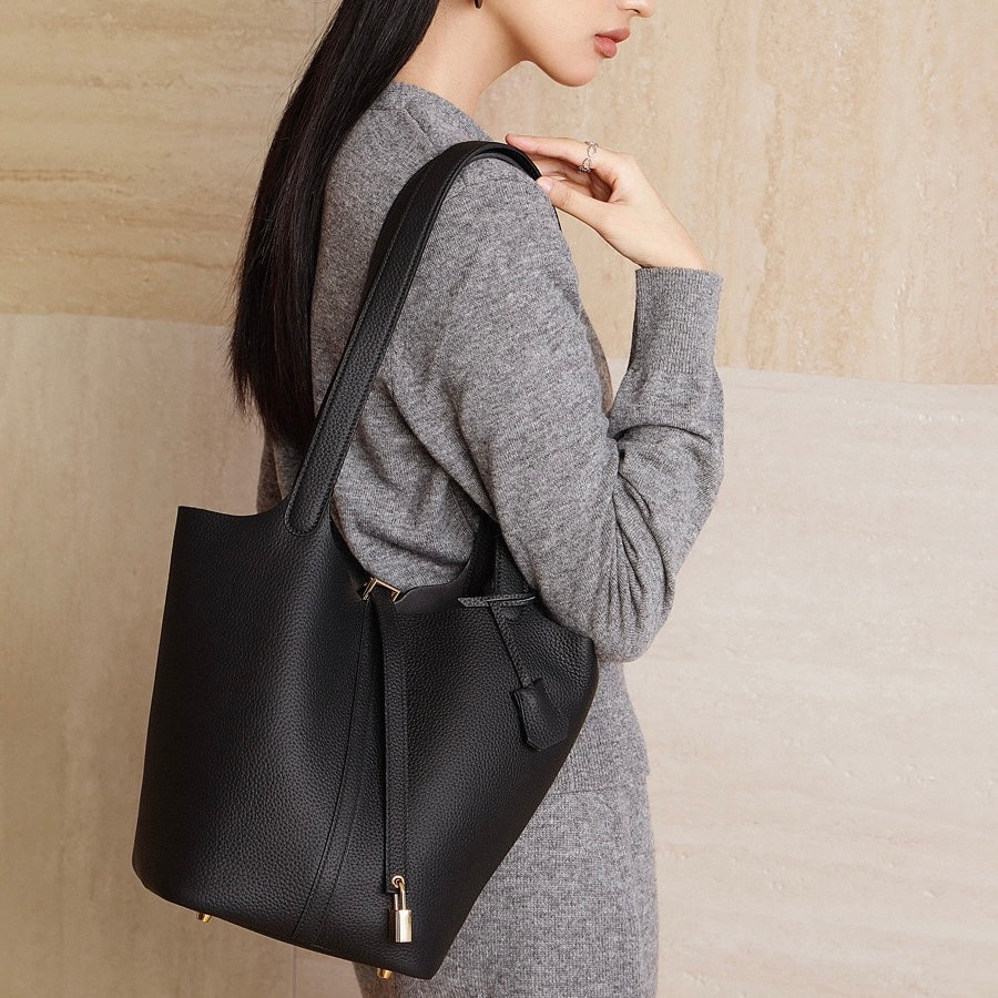 Textured Genuine Leather Tote Bag | Polished Gold Buckle Elegance