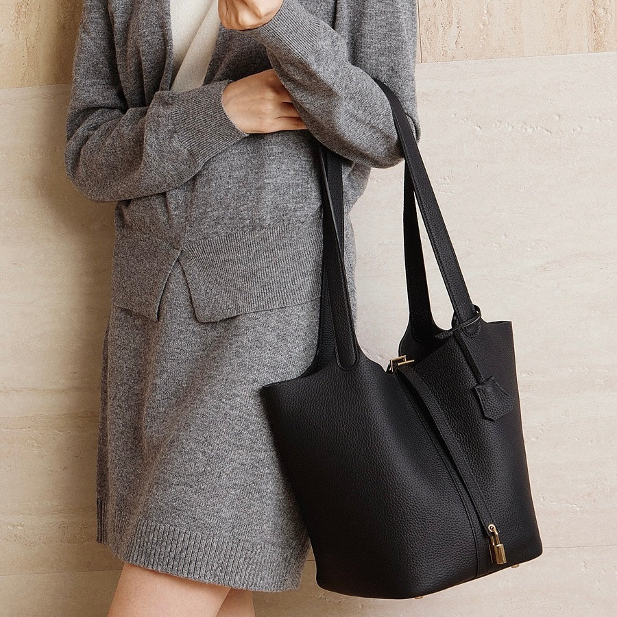 Textured Genuine Leather Tote Bag | Polished Gold Buckle Elegance