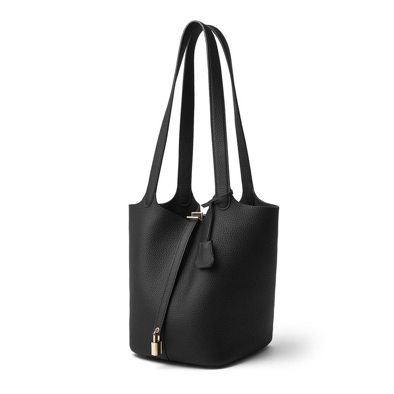 Textured Genuine Leather Tote Bag | Polished Gold Buckle Elegance