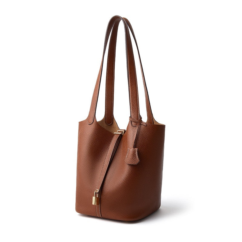 Textured Genuine Leather Tote Bag | Polished Gold Buckle Elegance