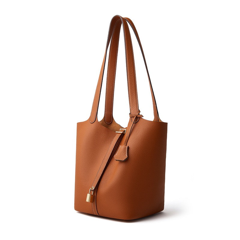 Textured Genuine Leather Tote Bag | Polished Gold Buckle Elegance