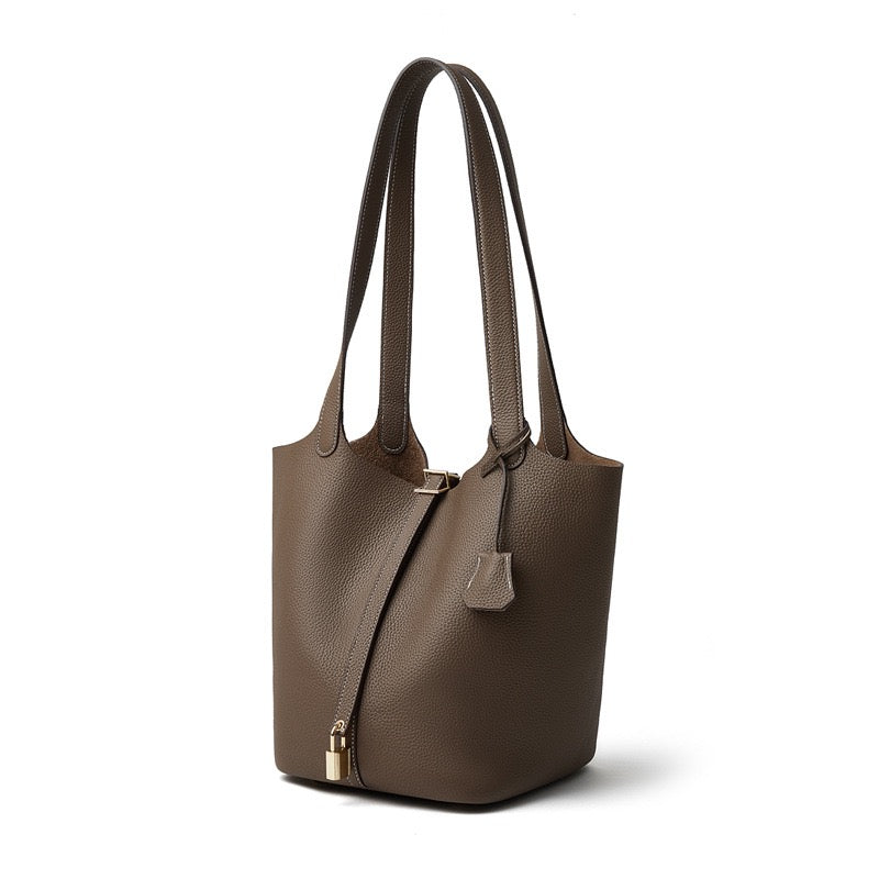 Textured Genuine Leather Tote Bag | Polished Gold Buckle Elegance