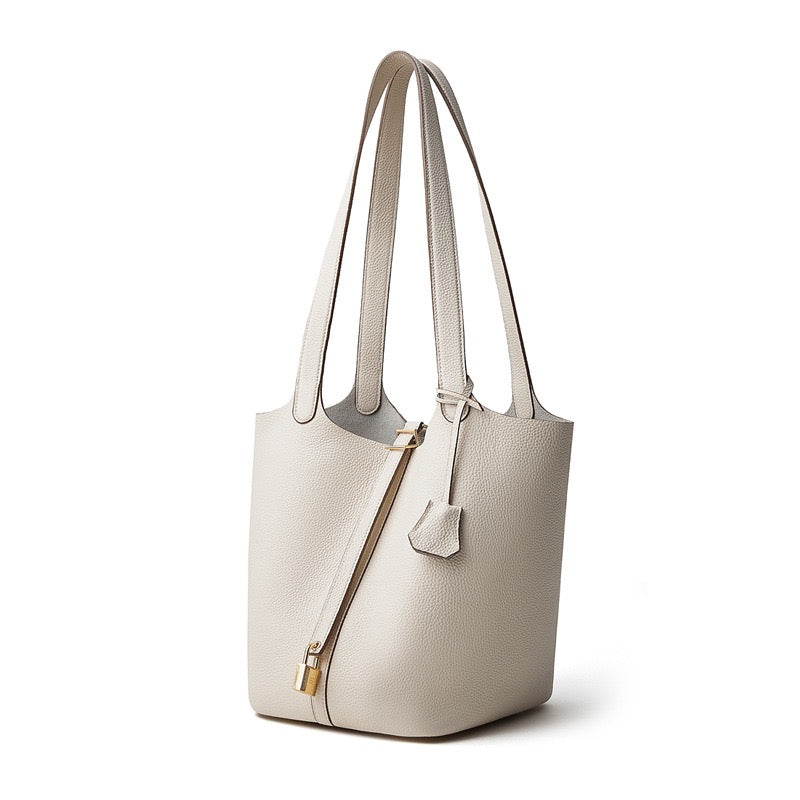 Textured Genuine Leather Tote Bag | Polished Gold Buckle Elegance