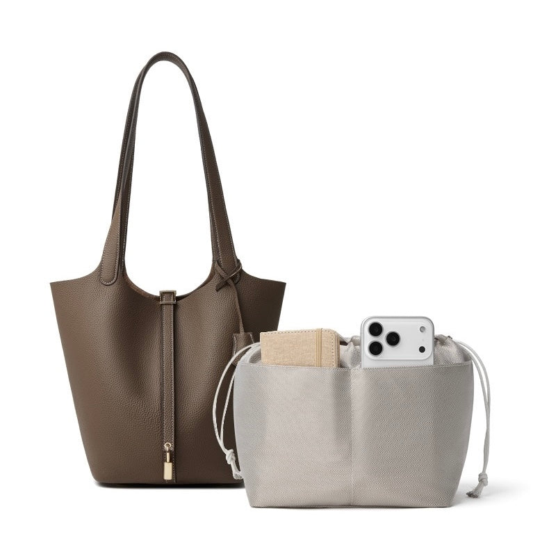 Textured Genuine Leather Tote Bag | Polished Gold Buckle Elegance
