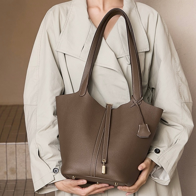 Textured Genuine Leather Tote Bag | Polished Gold Buckle Elegance