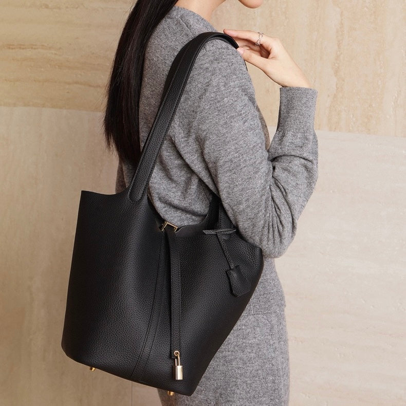 Textured Genuine Leather Tote Bag with Gold Buckle | Effortless Elegance