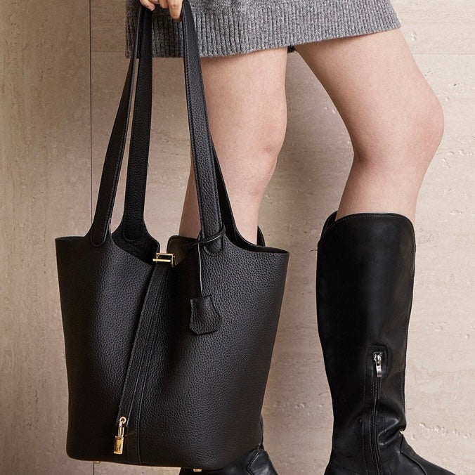 Textured Genuine Leather Tote Bag | Polished Gold Buckle Elegance