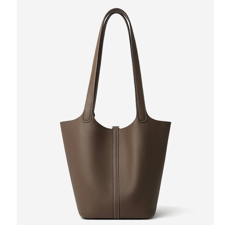 Textured Genuine Leather Tote Bag | Polished Gold Buckle Elegance