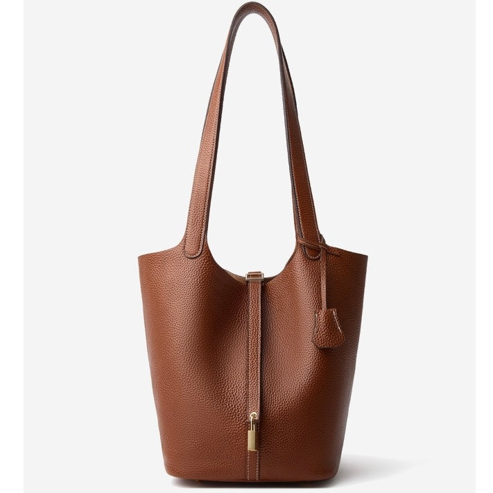 Textured Genuine Leather Tote Bag | Polished Gold Buckle Elegance