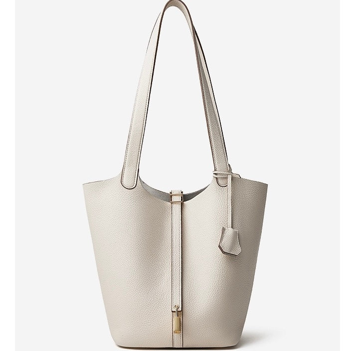 Textured Genuine Leather Tote Bag | Polished Gold Buckle Elegance